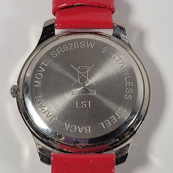 Red Crystal Bezel Quartz Watch with Leather Strap, Analog Display, 40mm Case - Picture 8 of 16